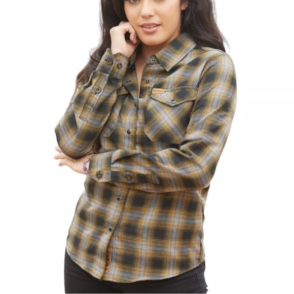 Dixxon Brownells Big Iron Plaid Flannel Pearl Snap Shirt Women’s Medium EUC - Picture 1 of 14